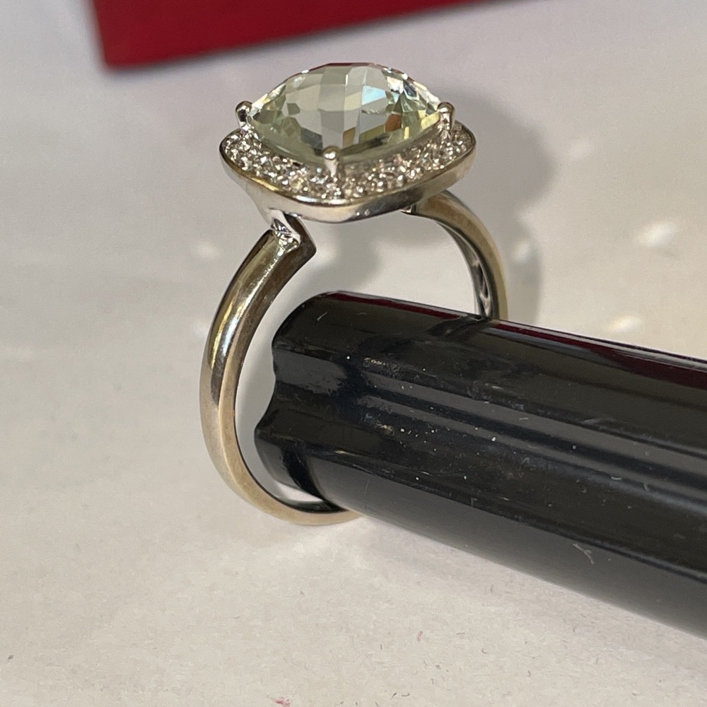 Dazzling White Gold Pale Green Prasiolite And Diamond Halo Ring - Picture 4 of 16